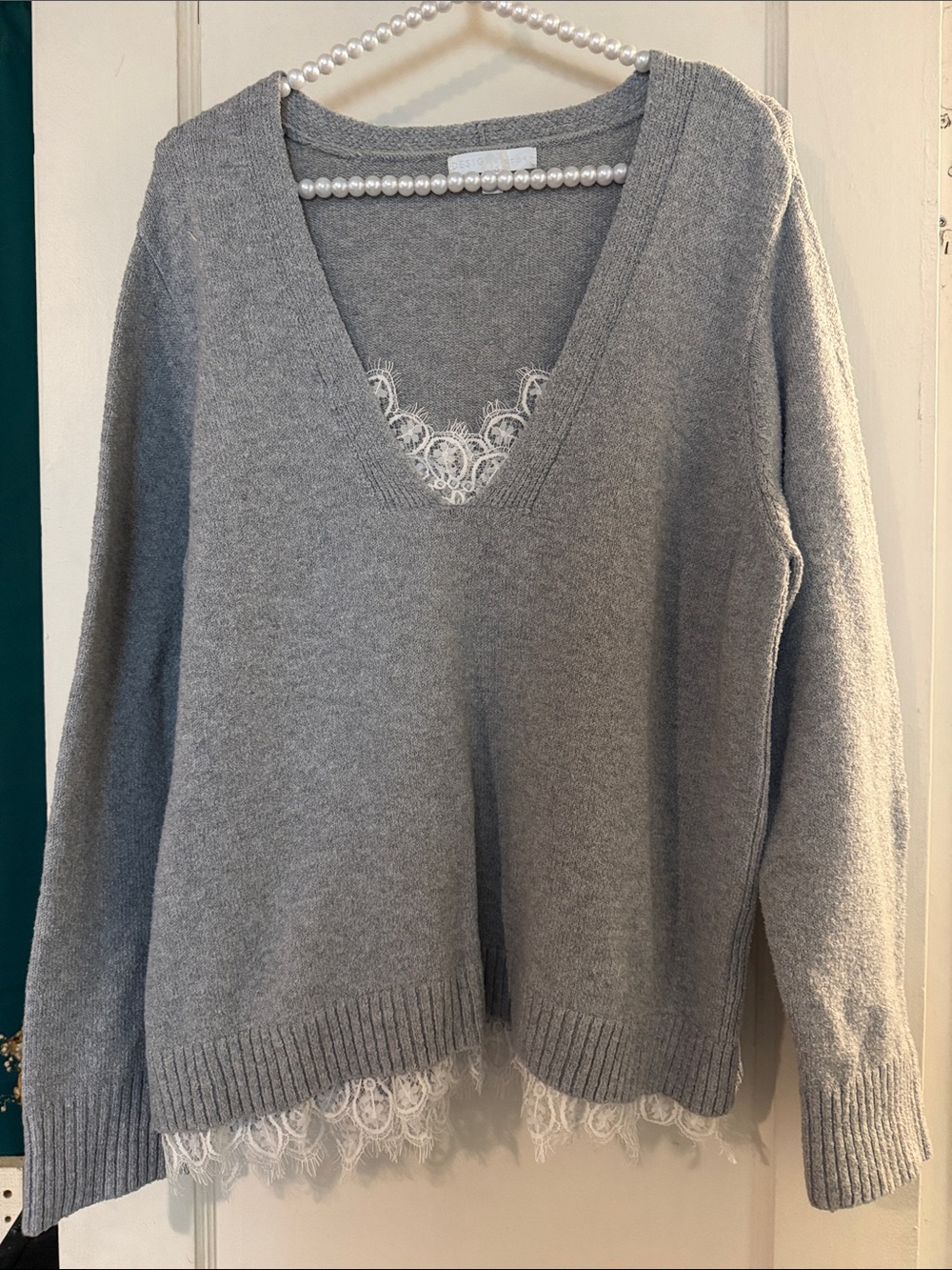 Design History Gray V-Neck Sweater with White Lace Trim